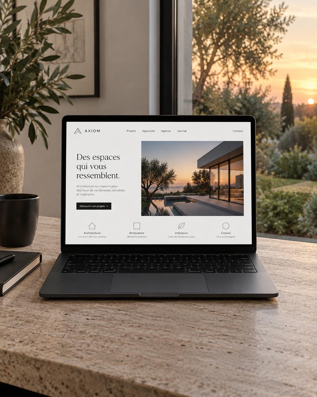 Un ordinateur présentant un site d’architecture sur mesure, posé près d’une fenêtre